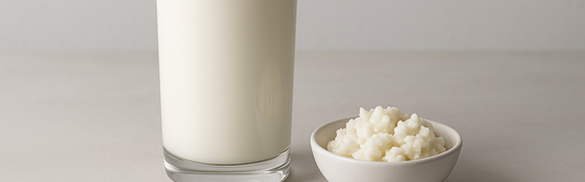 Frisches Glas Milchkefir mit Milchkefirknollen in einer Schale – probiotisches Getränk einfach selbst herstellen