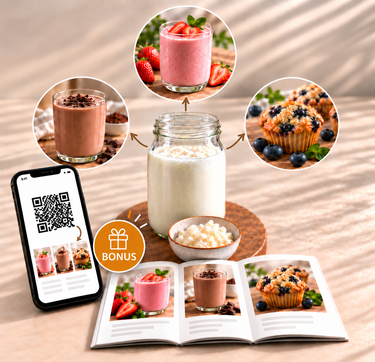 Milchkefir-Rezeptideen mit Erdbeer-Kefir, Schoko-Kefir, Muffins und QR-Code zum Rezeptheft.