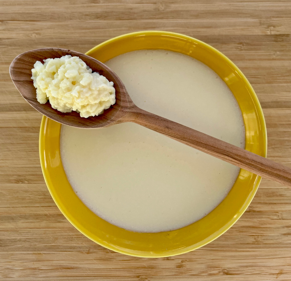 Frischer Kefir in einer Schale, dazu Kefirknollen auf einem Löffel – perfekt für die Fermentation und Herstellung von Milchkefir.