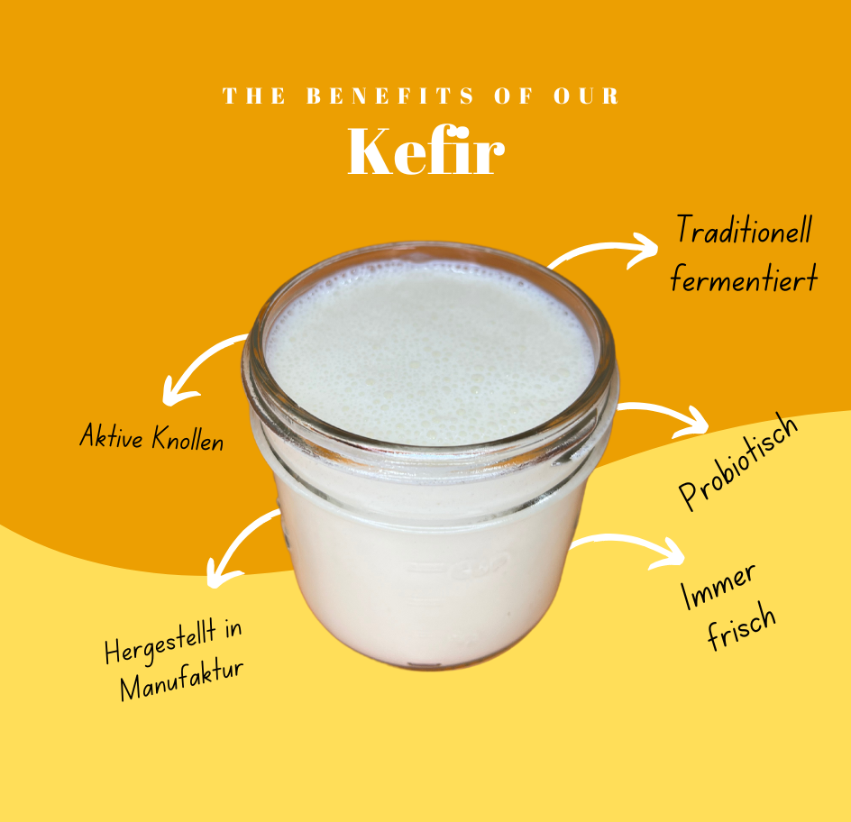 Grafik mit Vorteilen von Milchkefir: unterstützt Darmgesundheit, probiotisch, fördert Verdauung, stärkt Immunsystem und liefert wertvolle Nährstoffe.