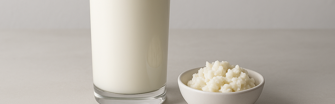 Frisches Glas Milchkefir mit Milchkefirknollen in einer Schale – probiotisches Getränk einfach selbst herstellen