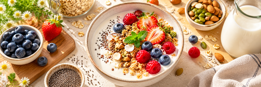 Cremige Milchkefir-Bowl mit frischen Erdbeeren, Heidelbeeren, Himbeeren und knuspranem Granola