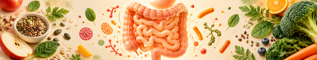 Illustration des menschlichen Darms mit Mikroorganismen, Gemüse, Obst und Getreide als Symbol für das Darmmikrobiom