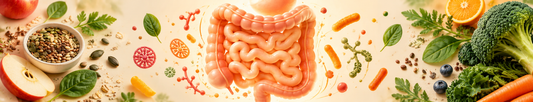 Illustration des menschlichen Darms mit Mikroorganismen, Gemüse, Obst und Getreide als Symbol für das Darmmikrobiom