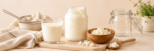 Selbstgemachter Milchkefir mit Kefirknollen in einer warmen Küchenszene.