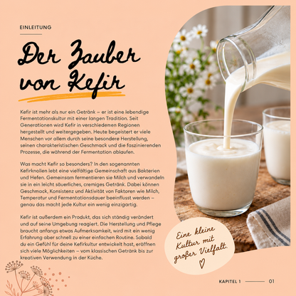 Deutsche Einleitungsseite „Der Zauber von Kefir“ aus dem digitalen Guidebook mit Hintergrundwissen zur Fermentation und einem Foto von frisch eingeschenktem Milchkefir.