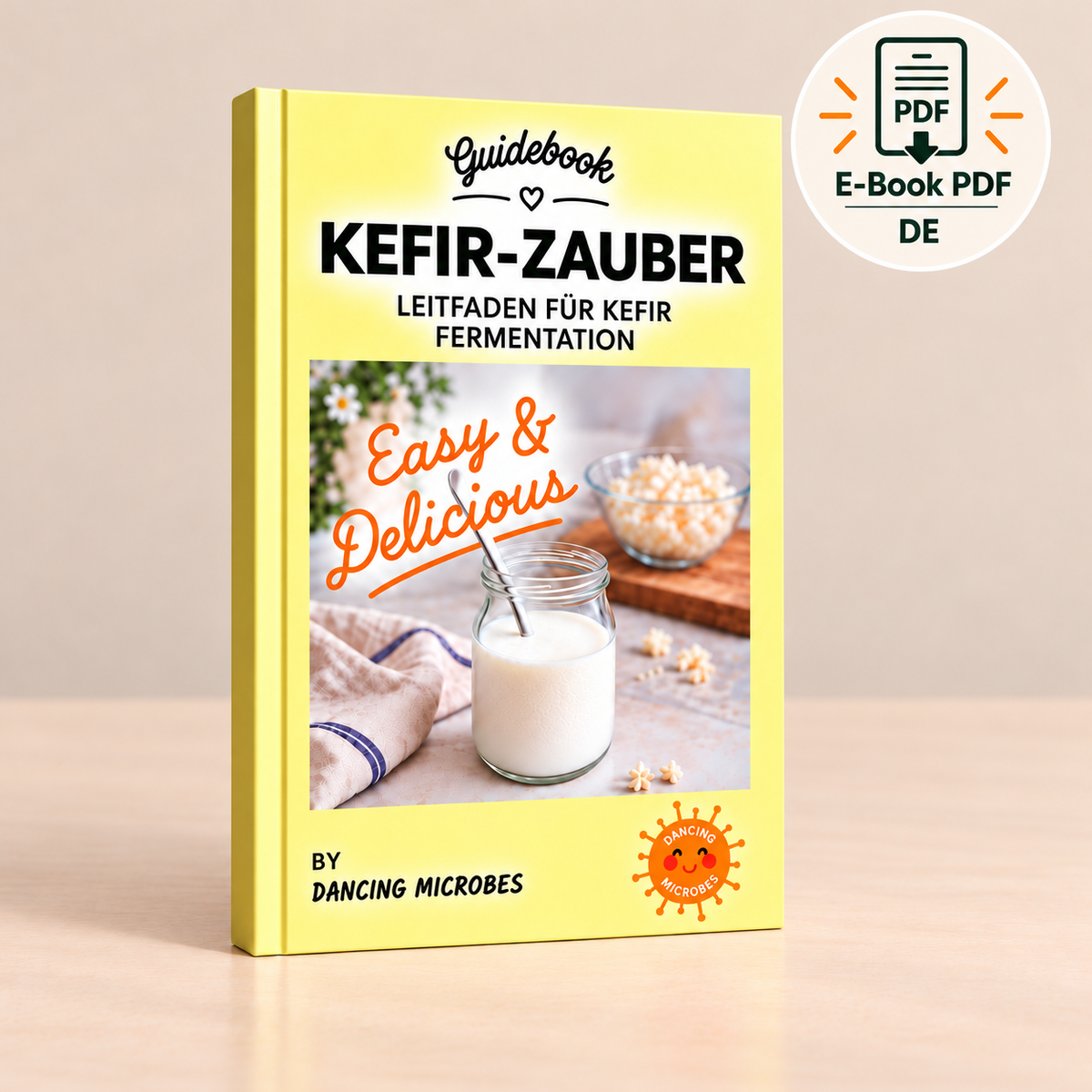 Gelbes Cover des deutschen Kefir-Zauber Guidebooks von Dancing Microbes mit Wissen zur Milchkefir-Fermentation und kreativen Rezeptideen.