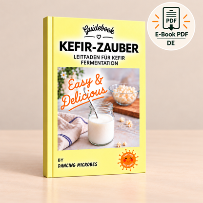 Gelbes Cover des deutschen Kefir-Zauber Guidebooks von Dancing Microbes mit Wissen zur Milchkefir-Fermentation und kreativen Rezeptideen.
