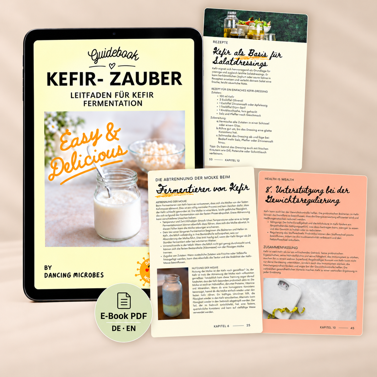 Deutsches Kefir-Zauber Guidebook auf einem Tablet mit Beispielseiten über Kefirkulturen, Fermentation, Milchsorten und die Verwendung von Milchkefir.