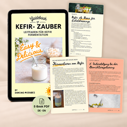 Deutsches Kefir-Zauber Guidebook auf einem Tablet mit Beispielseiten über Kefirkulturen, Fermentation, Milchsorten und die Verwendung von Milchkefir.