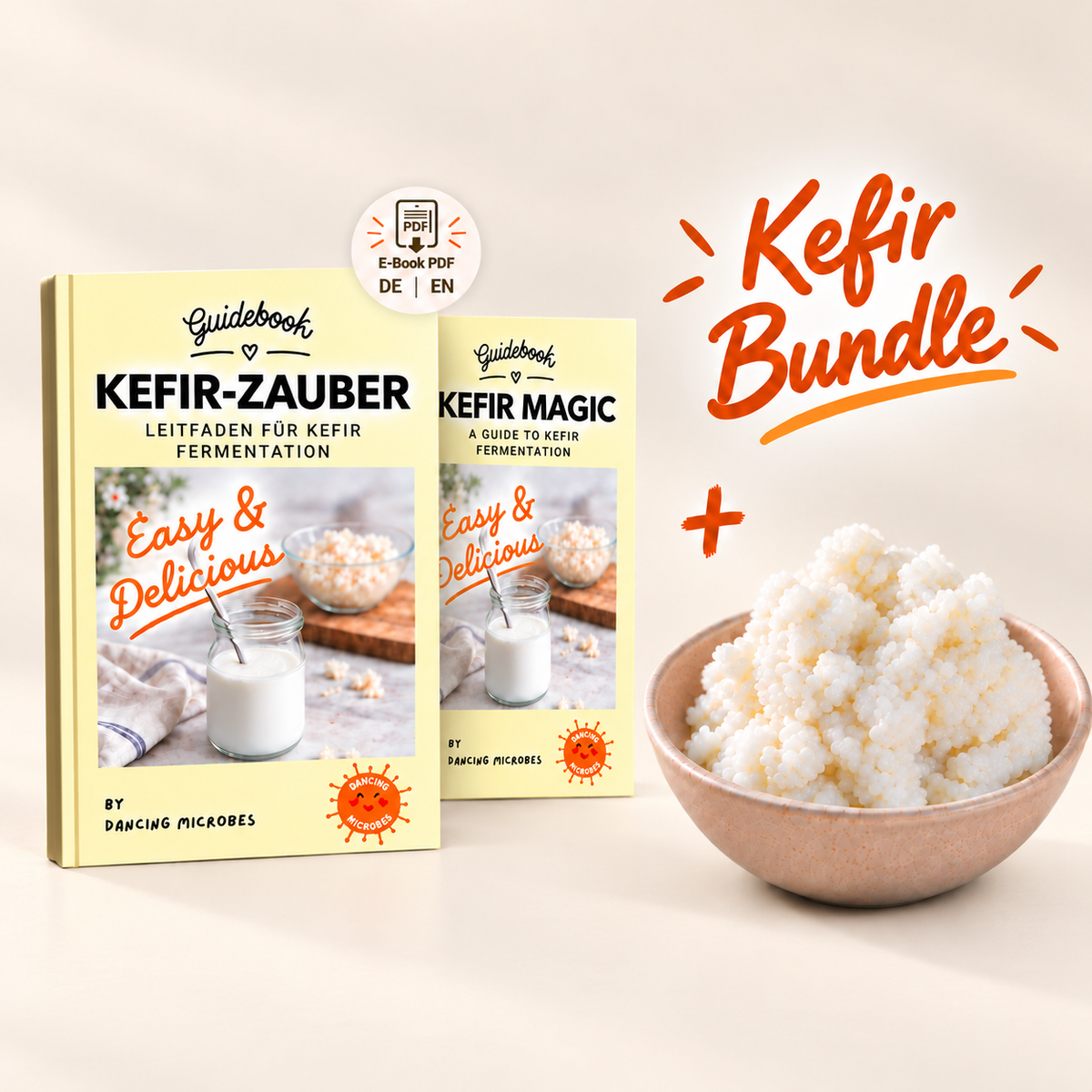Kefir Bundle von Dancing Microbes mit lebenden Milchkefirknollen in einer Keramikschale und digitalem Kefir Guidebook auf Deutsch oder Englisch.