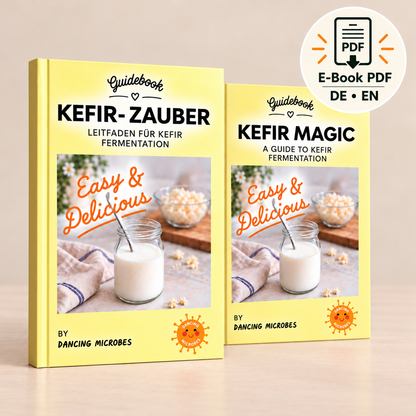 Digitales Kefir Guidebook von Dancing Microbes mit den Covern von Kefir-Zauber und Kefir Magic, erhältlich auf Deutsch oder Englisch als 71-seitiges PDF.