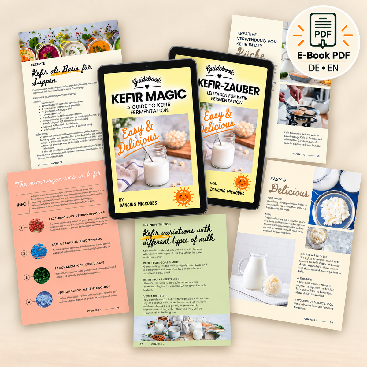 Vorschau auf mehrere Seiten des digitalen Kefir Guidebooks mit Hintergrundwissen zu Milchkefir, praktischen Tipps und kreativen Rezepten für Getränke, Backen und Kochen.