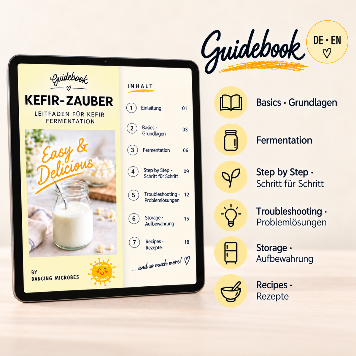Digitales Kefir Guidebook auf einem Tablet mit einer Übersicht der Themen rund um Milchkefir, Kefirknollen, Fermentation, Pflege und Rezepte.