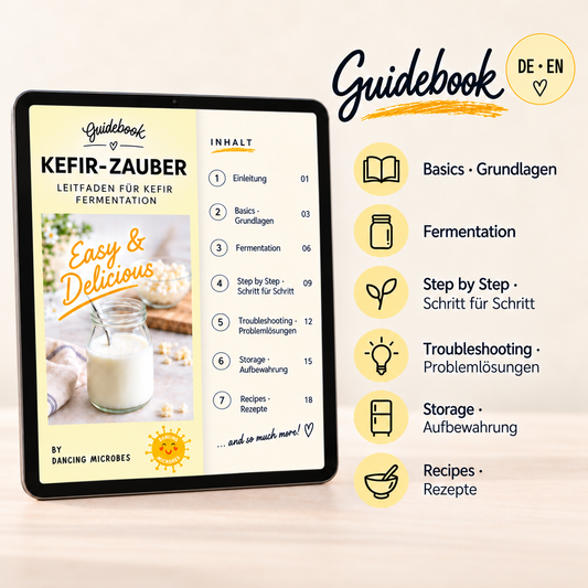 Digitales Kefir Guidebook mit Hintergrundwissen zur Fermentation, Pflege der Kefirknollen, praktischen Tipps und kreativen Rezepten.