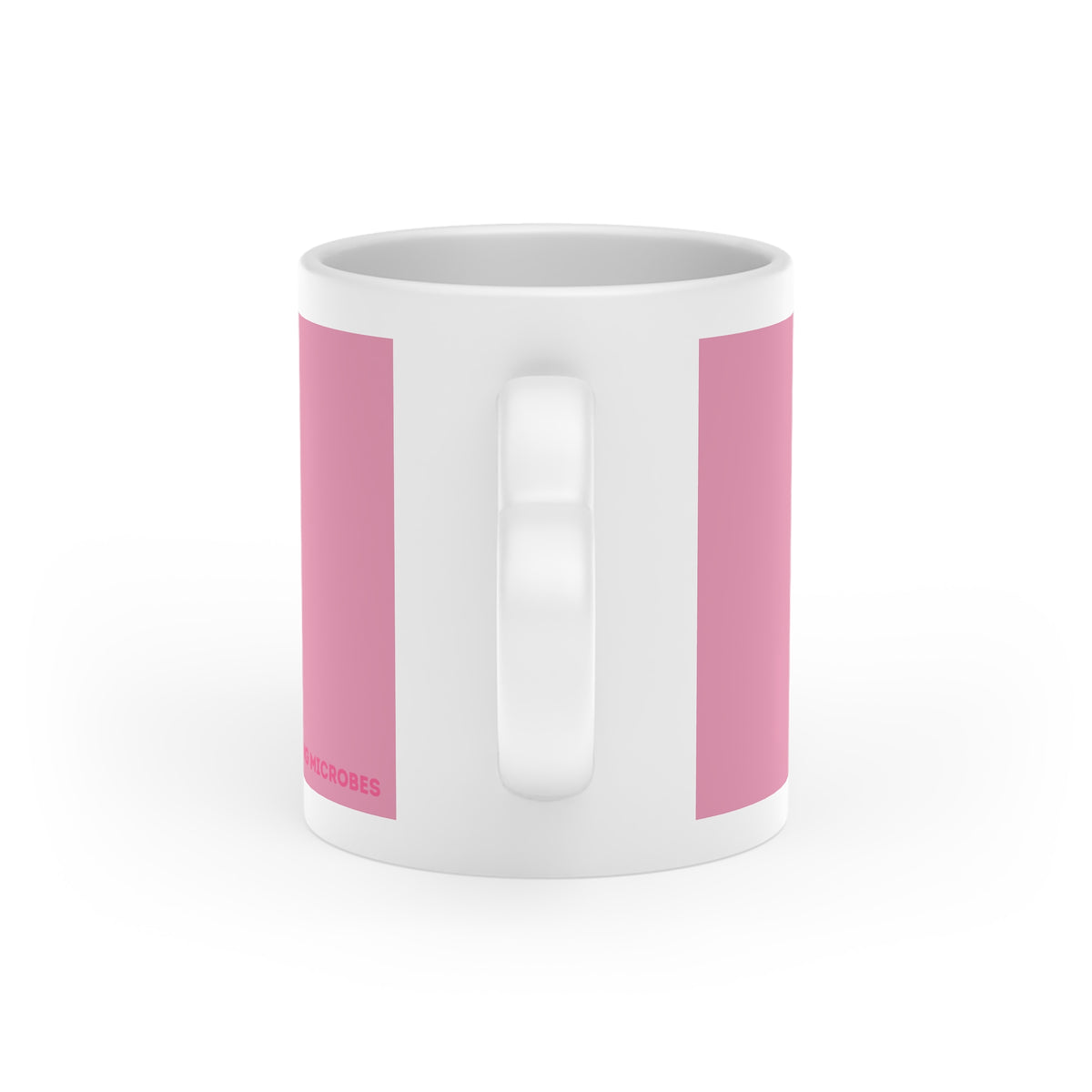 Rückansicht der Kefir Lover Keramiktasse mit rosa Design, weißem Mittelstreifen und weißem Henkel.