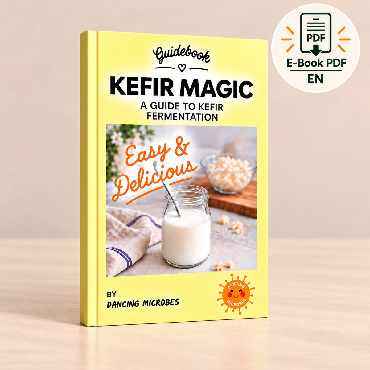 Gelbes Cover des englischen Kefir Magic Guidebooks von Dancing Microbes mit Informationen zur Milchkefir-Fermentation, Pflege und Rezeptideen.