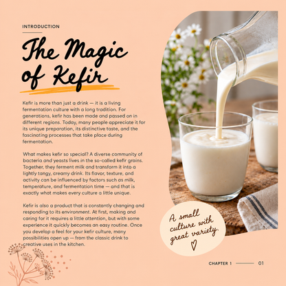 Englische Einleitungsseite „The Magic of Kefir“ aus dem digitalen Guidebook mit Informationen zur Milchkefir-Fermentation und einem Foto von frisch eingeschenktem Milchkefir.