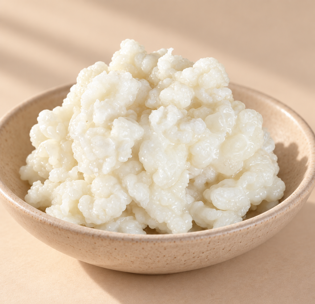 Frische Kefirknollen in einer Keramikschale zur Herstellung von traditionellem Milchkefir.