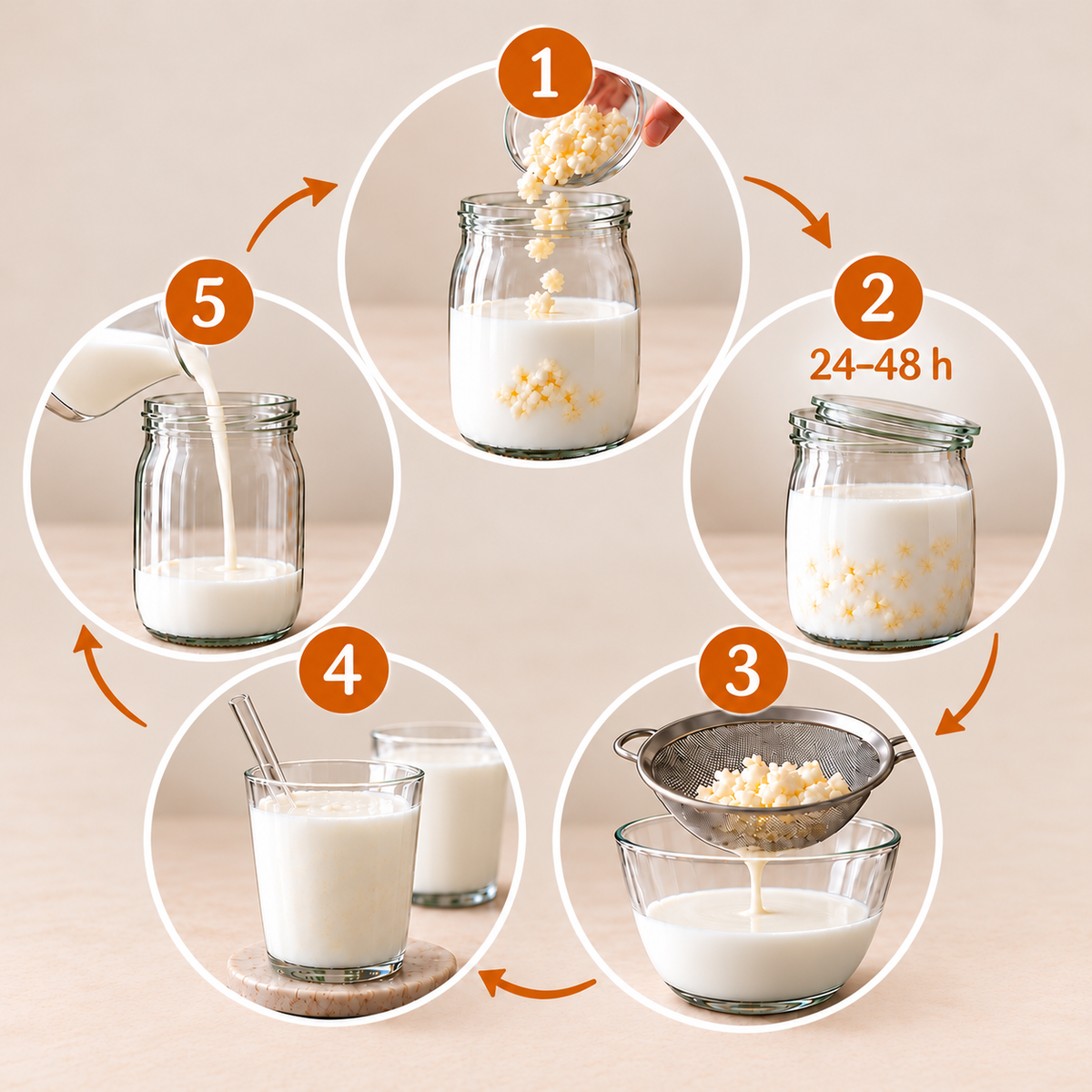 Bebilderte Darstellung der fünf Schritte zur Herstellung von Milchkefir mit lebenden Kefirknollen, vom Ansetzen bis zum fertigen Getränk.