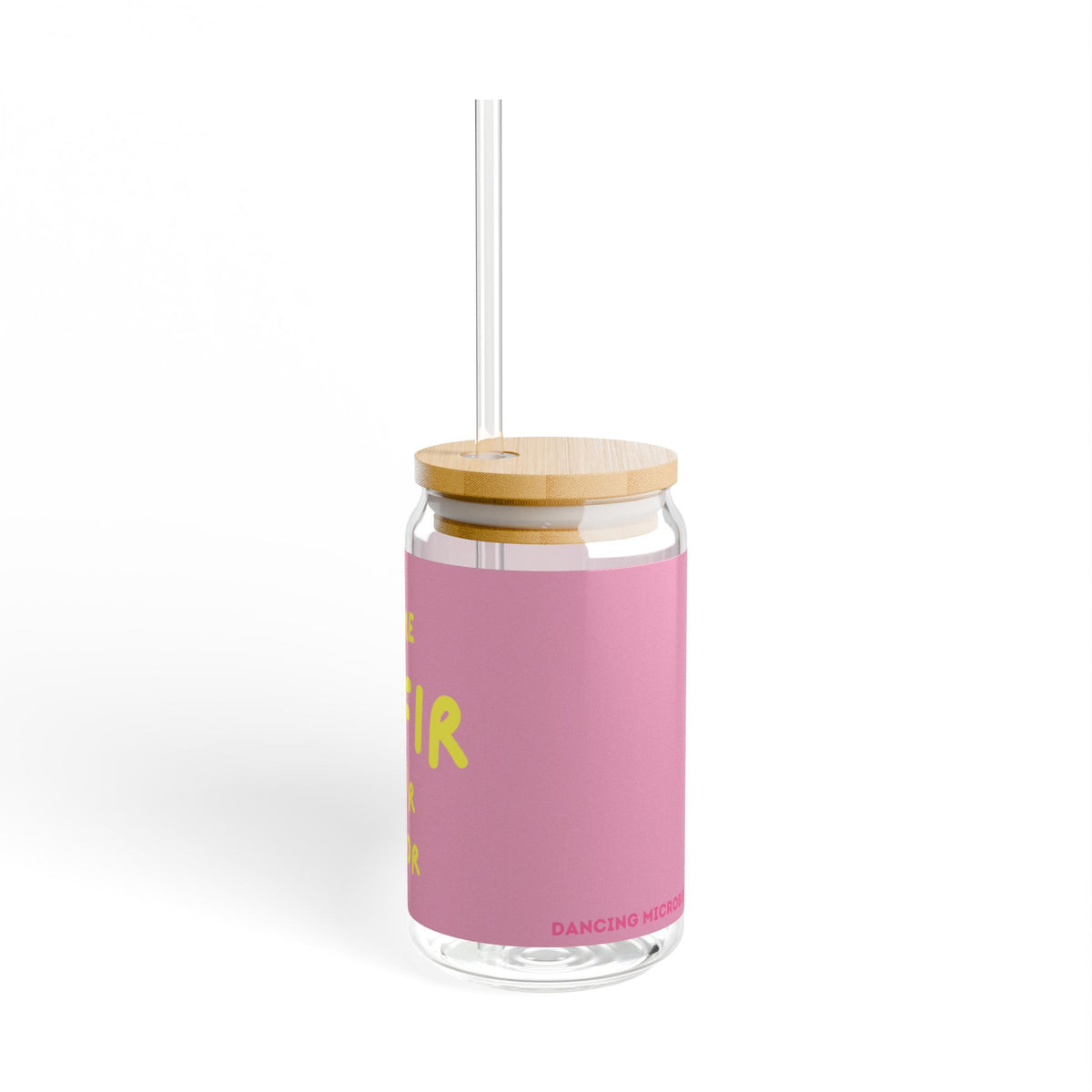 Seitenansicht des More Kefir Por Favor Trinkglases mit rosa Design, Bambusdeckel und transparentem Trinkhalm.