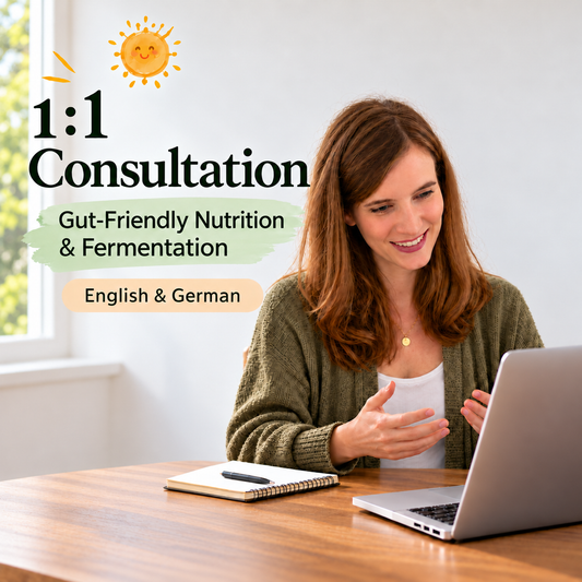 Illustration einer persönlichen 1:1-Online-Beratung zu Ernährung, Darmmikrobiom und Fermentation per Videoanruf auf Deutsch oder Englisch.