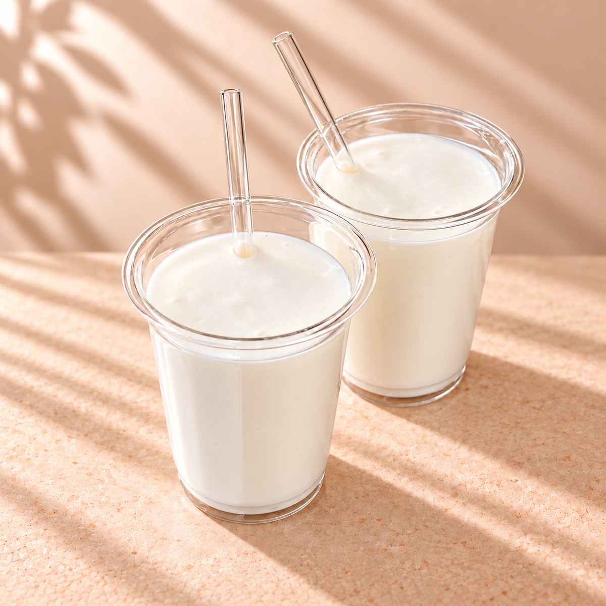 Zwei Gläser mit cremigem, selbstgemachtem Milchkefir und Strohhalmen auf einem hellen Untergrund.