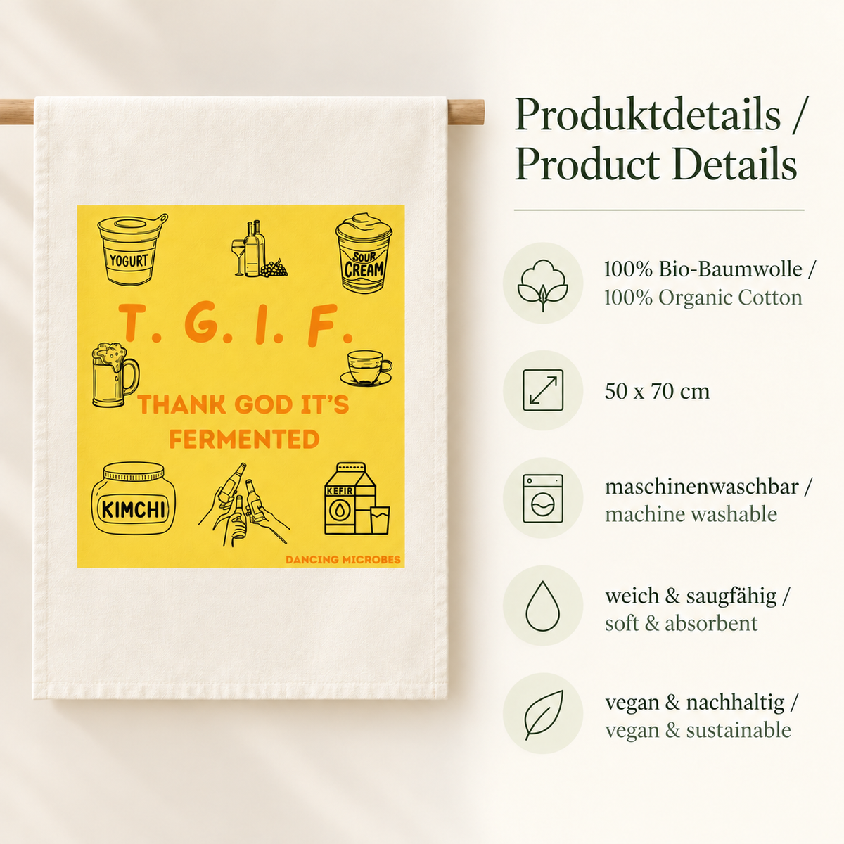 Produktübersicht des TGIF-Geschirrtuchs mit gelbem Fermentationsmotiv und einer grafischen Darstellung von Material, Größe und Pflegeeigenschaften.