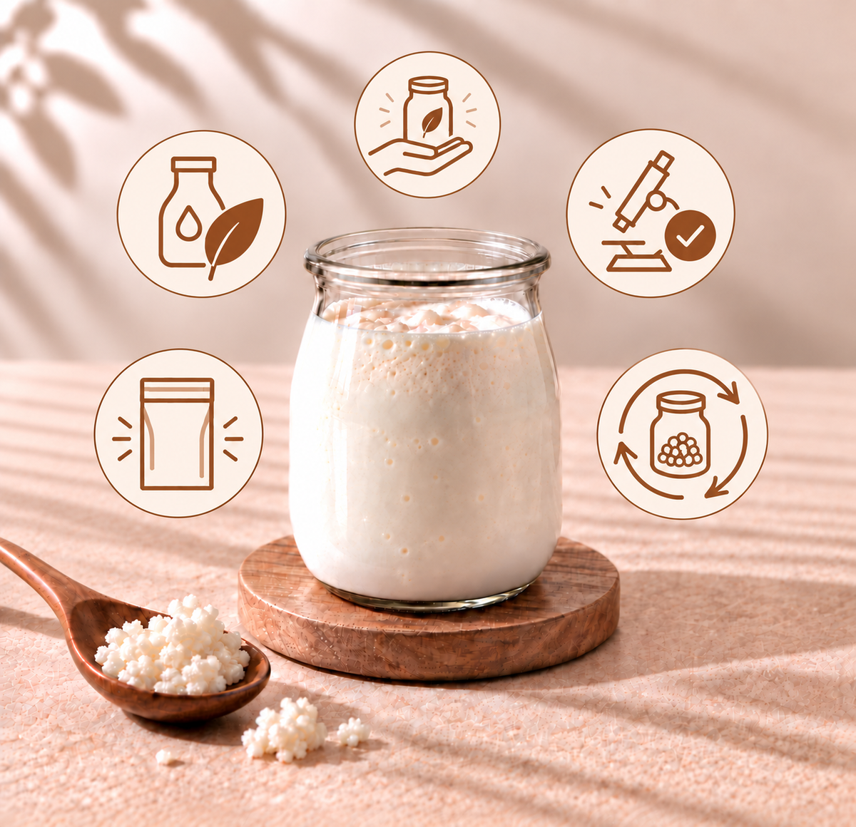 Milchkefir mit Kefirknollen und Symbolen für Bio-Milch, sorgfältige Manufaktur, Qualitätsprüfung, frische Verpackung und wiederverwendbare Kultur.
